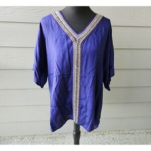 CHICOS Embellished V Neck Tunic Top Blue Size 3 (XL) Relaxed Fit